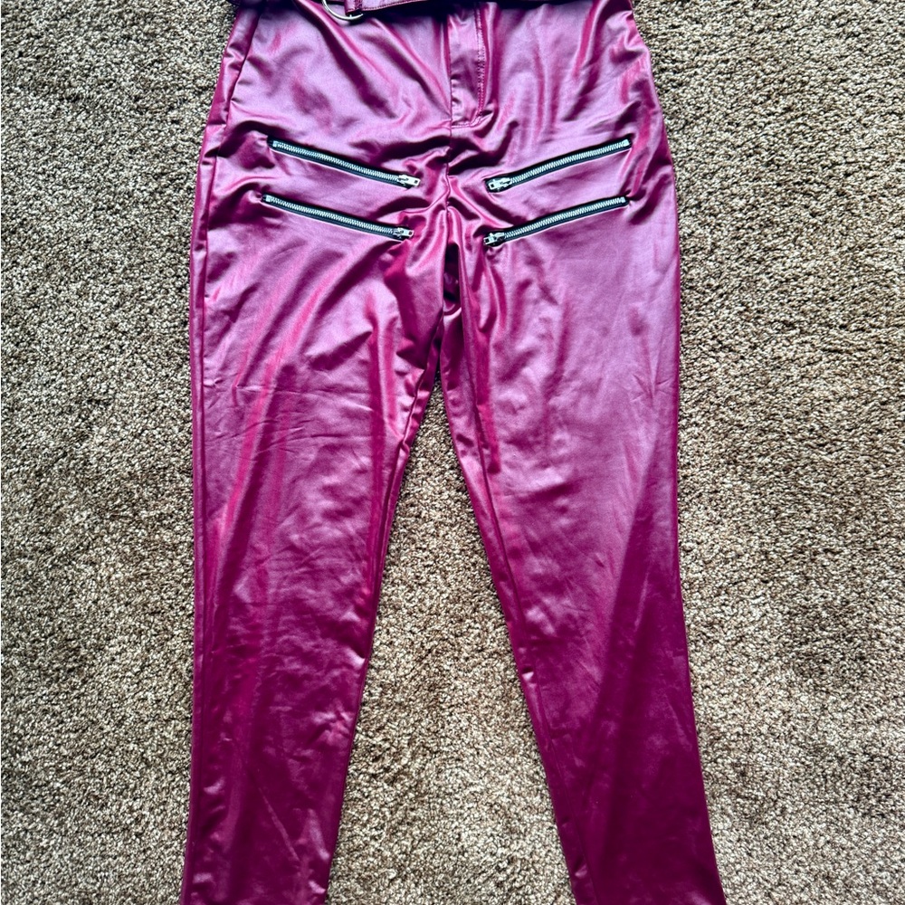 Chicme Magenta Faux Leather Trousers with Belt - Picture 2 of 4